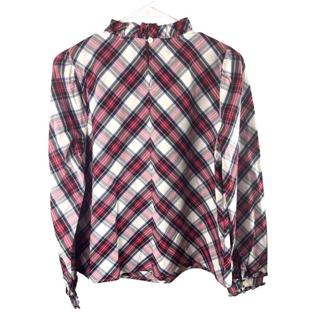 J.Crew Womens Plaid Ruffle Neck Blouse Size M Long Sleeve Holiday Plaid EUC Sz M - Picture 2 of 12